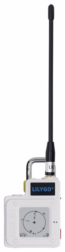 skyBlip Go+: a white LilyGO T-Echo Plus with its antenna, the traffic radar on the screen