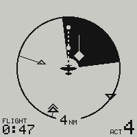 The radar page during a traffic advisory: a 90-degree sector leaning on the bearing of the traffic, turned black, with the filled diamond of the converging aircraft and its leader line reversed out of it
