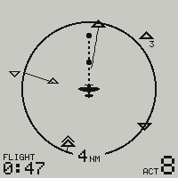The radar page with PLOT ALL: a smaller ring with two aircraft inside it, and on the band around it an aircraft ahead with its leader line entering the ring, a mark with the count 3 for a gaggle to the upper right, and one aircraft far to the left