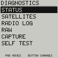 Le menu de la liste : état, satellites, journal radio, raw, capture et autotest, les six pages qu’on ouvre par leur nom