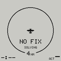 The radar page with no position: the empty ring carries the words NO FIX and, under them, how far the receiver has got