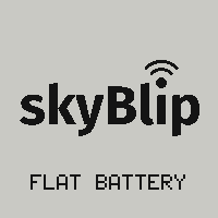 The screen of a device that switched itself off on an empty cell: the skyBlip wordmark with the words FLAT BATTERY under it
