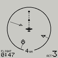 The radar page: three aircraft drawn as diamonds, one above, one below and one level and climbing, each with its one-minute leader line, own ship's dashed run with a ball at each of the next two minutes, the four-mile ring, the flight time and the count of aircraft heard
