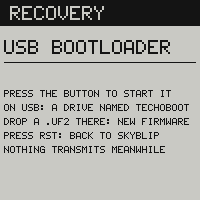 The recovery page: RECOVERY, USB BOOTLOADER, PRESS THE BUTTON TO START IT, then a drive named TECHOBOOT on USB, a .uf2 dropped there is new firmware, RST goes back to skyBlip, and nothing transmits meanwhile