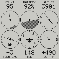 The six-pack page: ground speed, artificial horizon with the state of charge above it, altimeter, turn coordinator with its ball, track card and vertical speed
